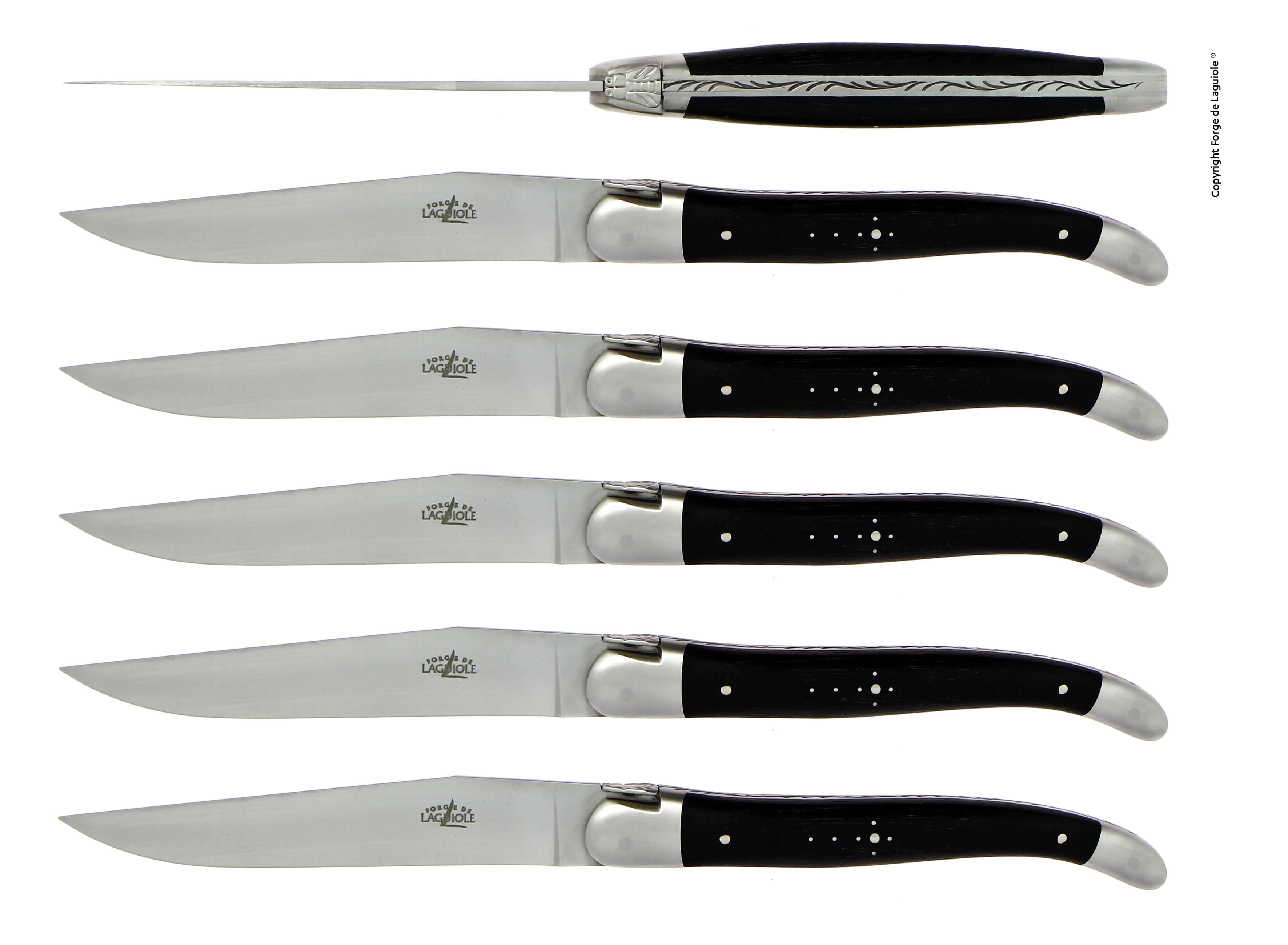 Forge De Laguiole knive med ibenholtshåndtag og satinfinish i rustfrit stål
